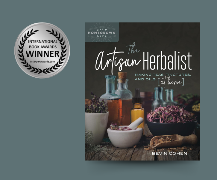 "The Artisan Herbalist" book cover on a grey background featuring the International Book Awards Winner logo.