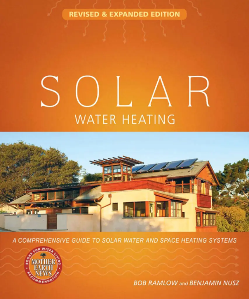 Book cover titled "Solar Water Heating-Revised and Expanded" with a solar heater and modern home on orange.