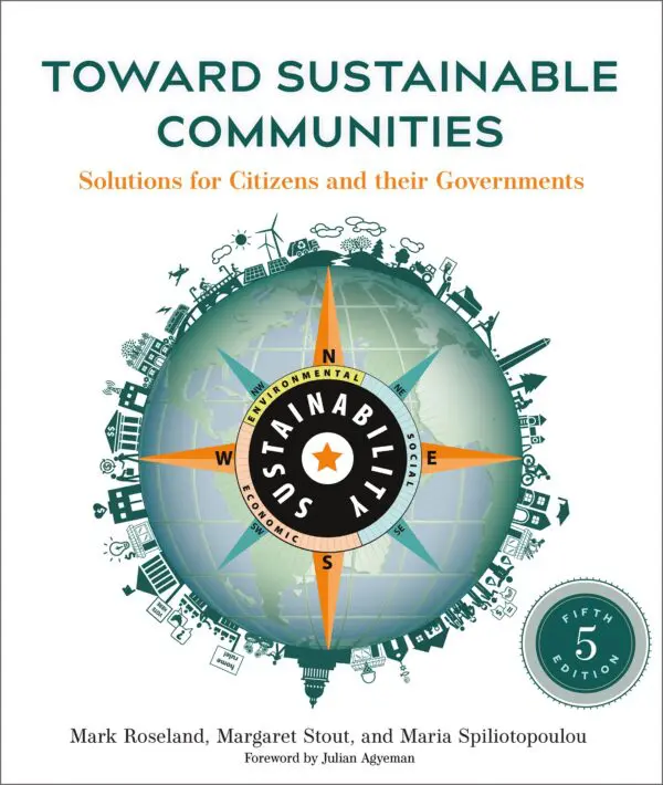 Book cover: "Toward Sustainable Communities, Fifth Edition" featuring an illustration of a compass and cityscape.