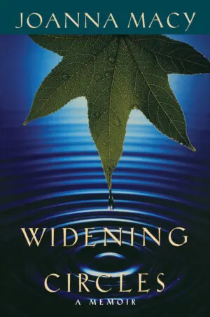 A green leaf with a water droplet above blue ripples; "Widening Circles" book.