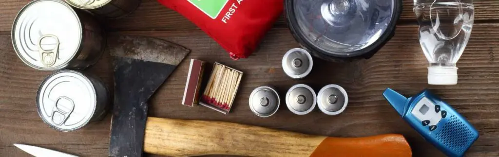 Contents of an emergency kit (canned food, axe, water bottle, radio and batteries) laid out on the floor.