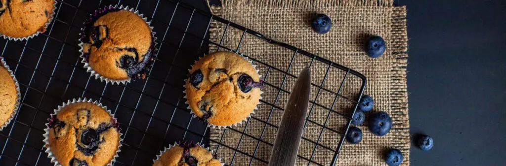 Blueberry muffins on a cooling rack.