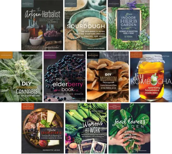 Collage of ten book covers in the Homegrown City Life Collection: herbs, sourdough, and kombucha.