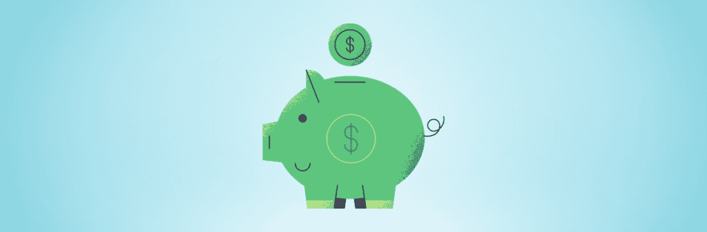 A green piggy bank with a coin poised above it sits against a light blue background, symbolizing one of the many simple ways to save money and contribute to combating climate change.