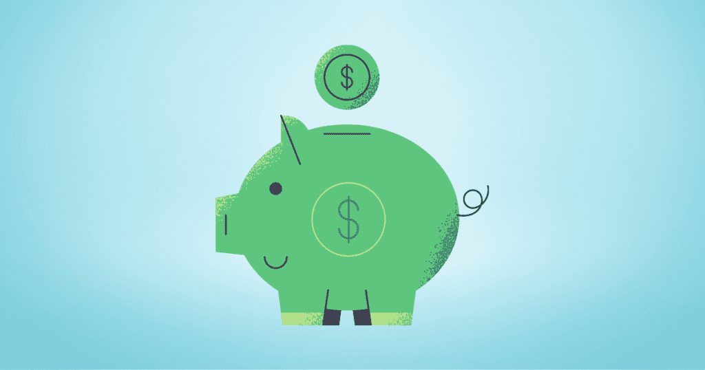 Illustration of a green piggy bank with a coin dropping in from above on a blue background, symbolizing innovative ways to save money.