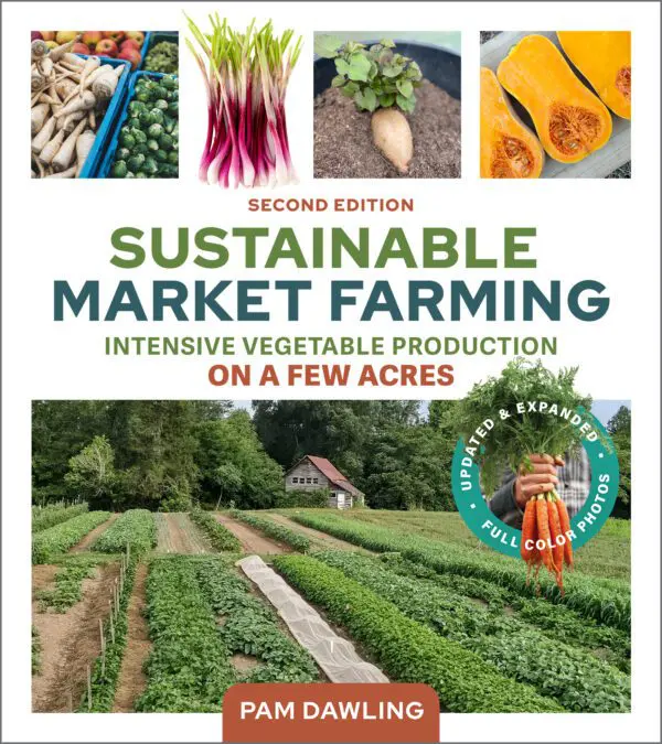 Cover of "Sustainable Market Farming, Second Edition" book, showcasing colorful images of fresh vegetables set against a scenery of verdant farm fields.