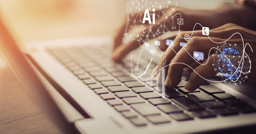 Hands typing on a laptop keyboard with digital AI icons and data graphics overlaying the image, illustrating the seamless connection between human touch and advanced technology.