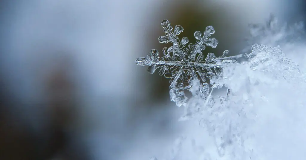 Close-up of a delicate snowflake, its frozen light beauty shimmering on a pile of snow against a blurred background.