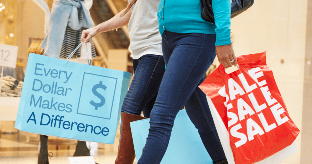 Shoppers with bags declare "Every Dollar Makes A Difference" and "SALE SALE SALE," as they unlock a world of smart buying decisions this season.