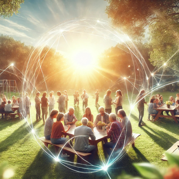 Image of a community park featuring groups of people sitting at picnic tables, engaging in activities together under the bright, shining sun, with a dome effect overlaying the image.
