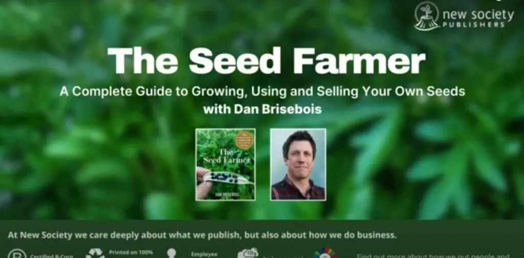 Seed Farmer" book introduction cover with text and author's photo on a leafy background.