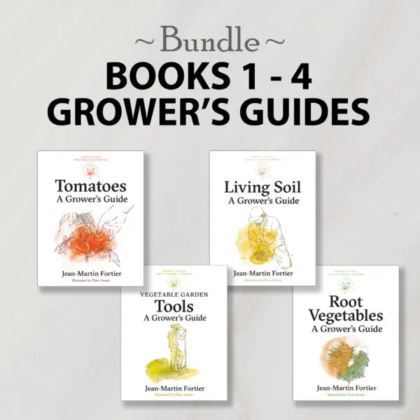 The Books 1-4: Grower's Guides Bundle covers tomatoes, living soil, tools, and root veggies.
