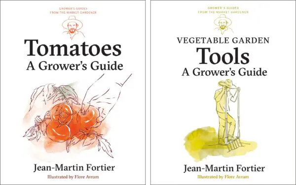 Two Book Covers: "Tomatoes" & "Tools": Featuring a veggie garden and a gardener with tools.