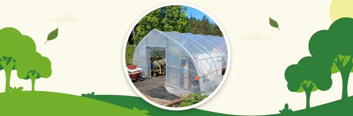 Greenhouses in a lush landscape symbolize community impact with illustrated trees and leaves.