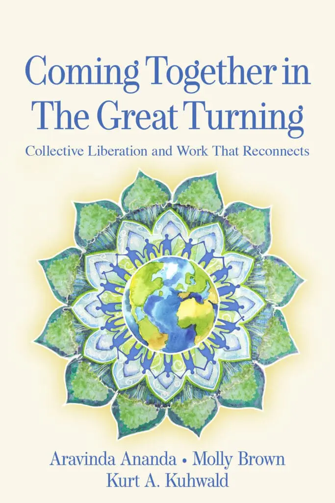 Cover with a globe and mandala for "Coming Together in the Great Turning" on light background.