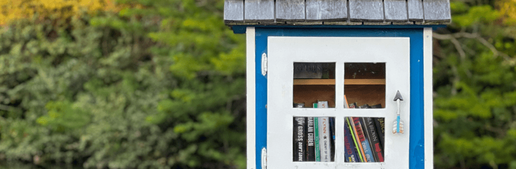 Simplified blue outdoor book cabinet with a tile roof against a leafy green backdrop.