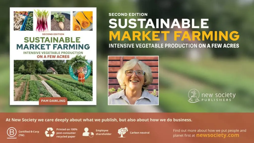Second Edition" book cover for "Sustainable Market Farming" with nature background and author photo.