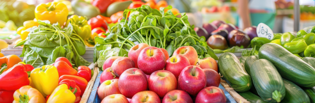 Fresh produce for a sustainable food plan: apples, bell peppers, spinach, and more.