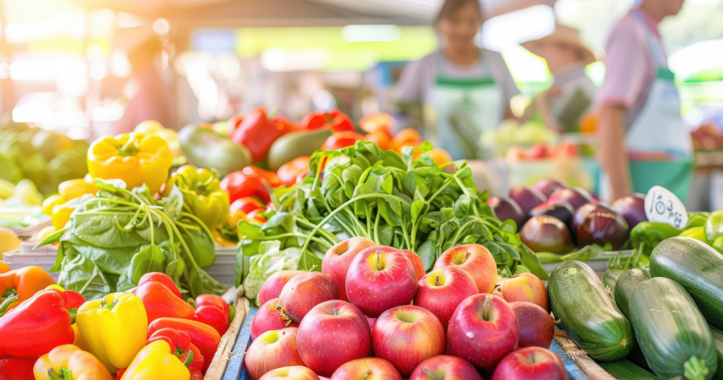 Bustling outdoor market with fresh produce, showcasing a sustainable food plan.