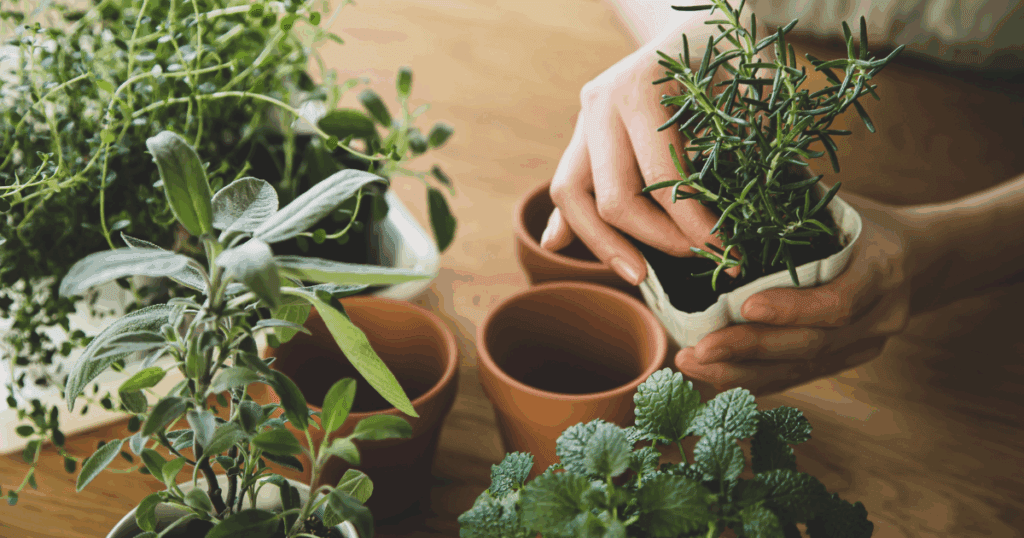 Hands transplanting herbs into terracotta pots, perfect for growing herbs indoors.