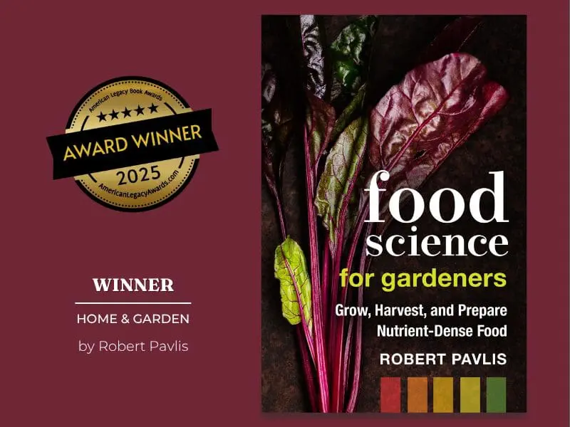 Book cover for "Food Science for Gardeners" beside an American Legacy Book Award 2025 badge.