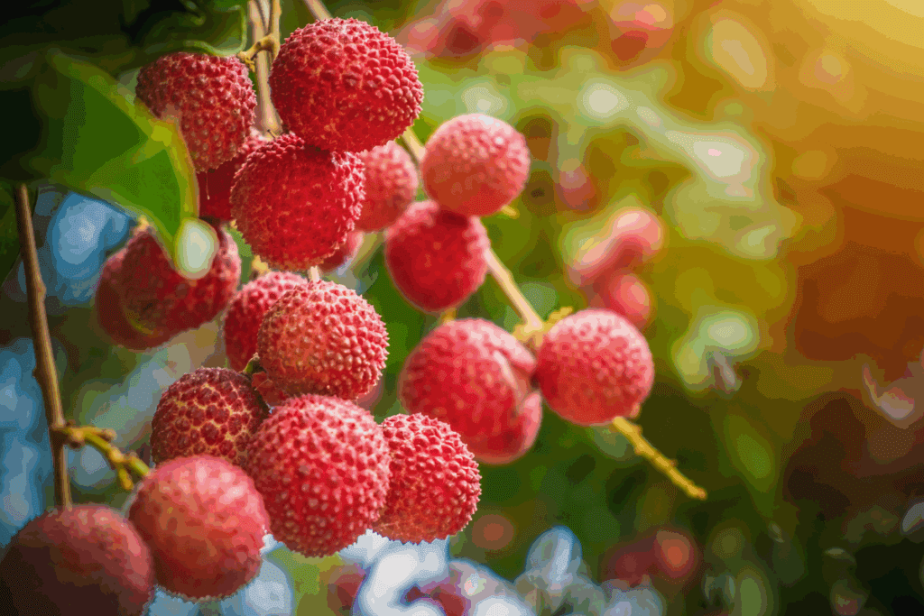 Clusters of ripe, red lychee—an example of small fruit growing—hang amid green leaves and sunlight.