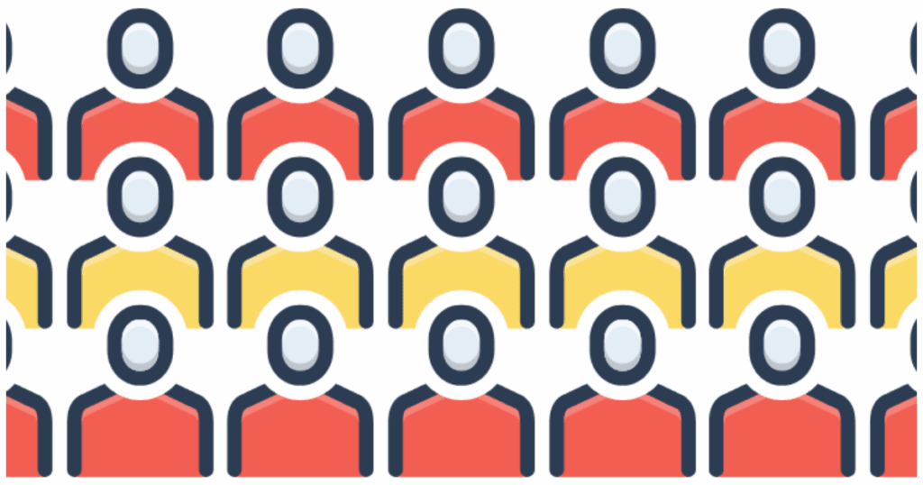 The commons demonstrated by rows of generative, faceless illustrated figures in red and yellow shirts on a white background.