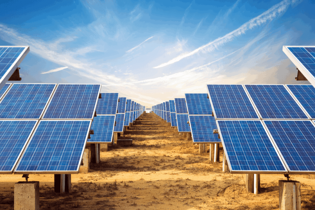 Rows of solar panels in a field, helping hit the 2.5 tonnes carbon math magic number.