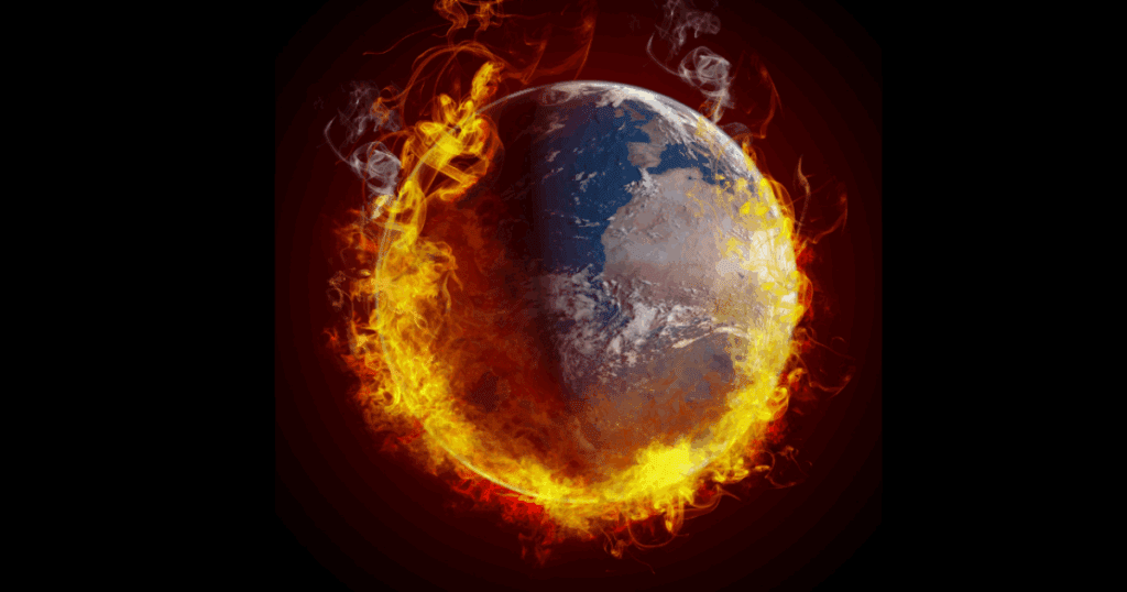 Planet Earth engulfed in flames, symbolizing climate change and threatened Earth habitability.