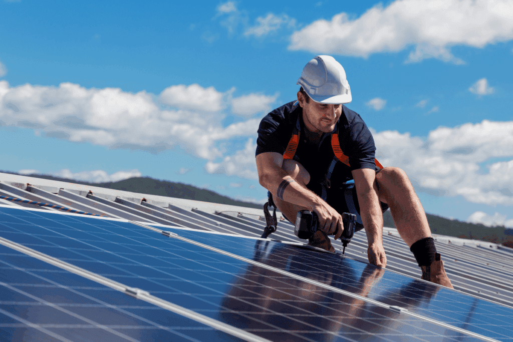 Worker in hard hat installing solar panels for 100% Clean Power under a blue sky with clouds.