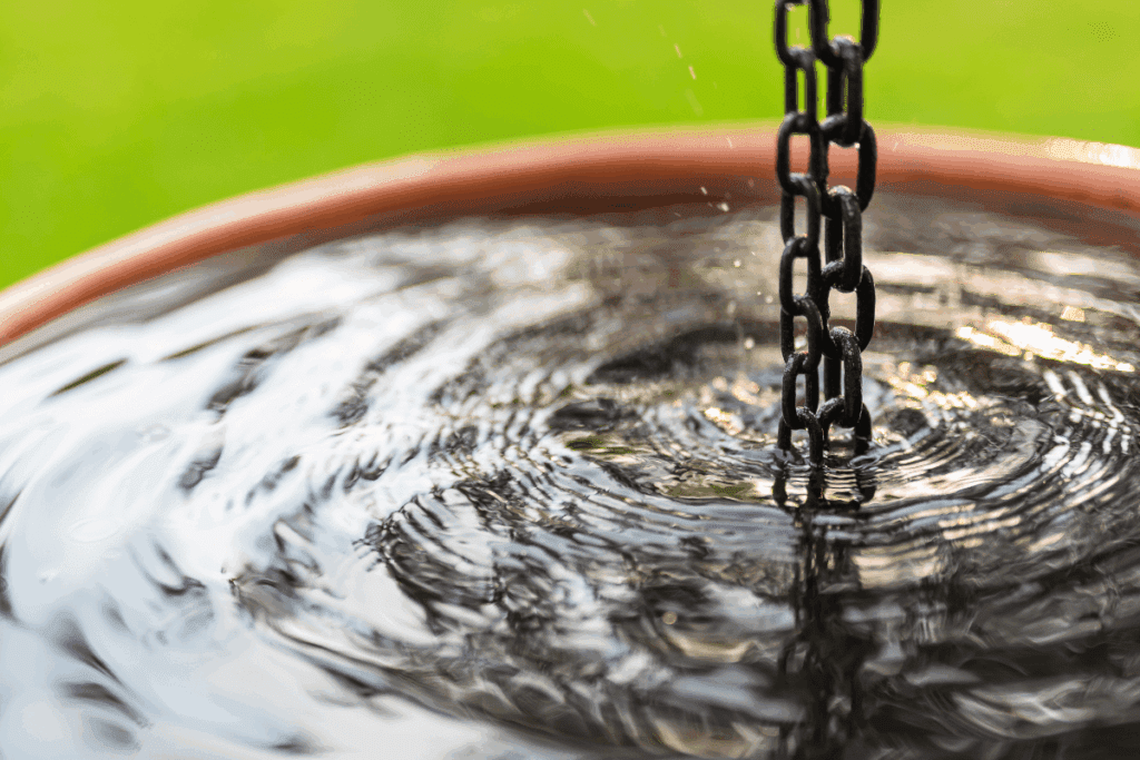 A black chain dips into rippling water—a nod to rainwater harvesting—grass in the background.