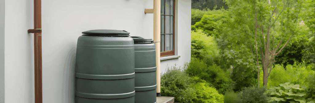 Two green rain barrels by a house wall, showcasing the ancient practice of rainwater harvesting.