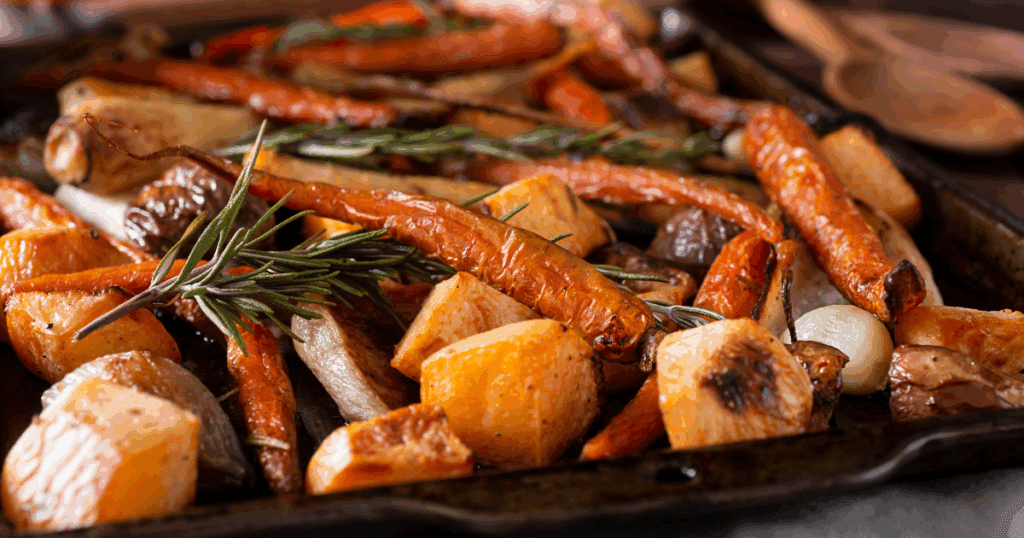 Roasted carrots, potatoes, and other underground staples with rosemary on a baking sheet.