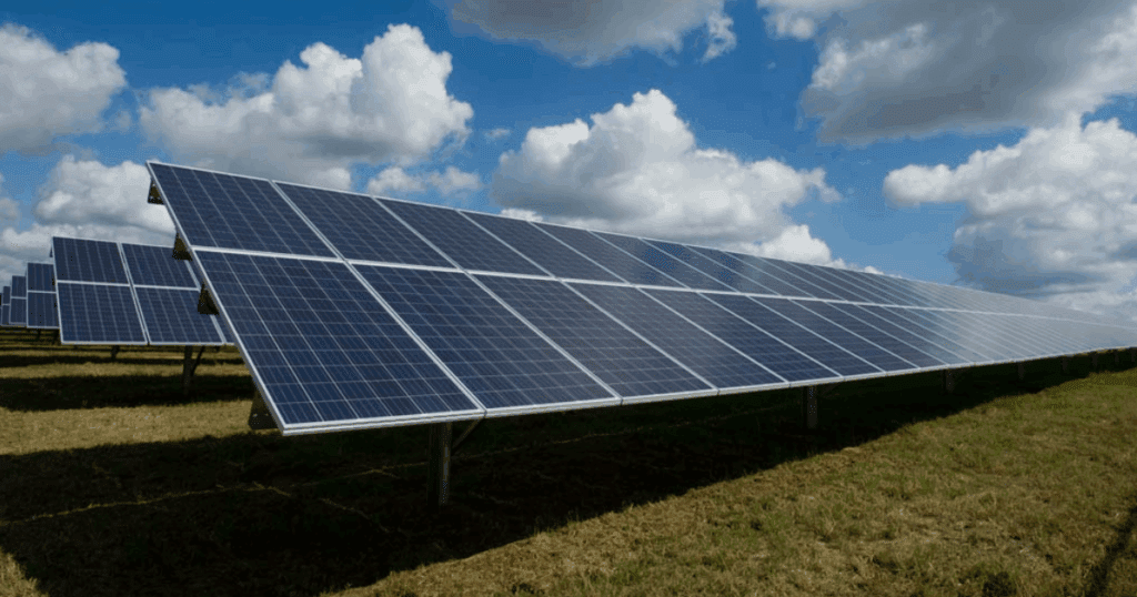Rows of solar panels on grass generate clean power under a partly cloudy blue sky.