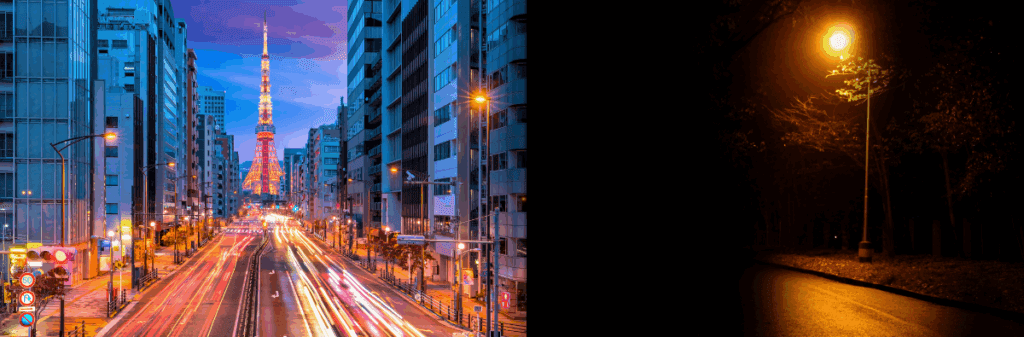 Left: busy city street at dusk; right: park path lit by a single energy-efficient streetlamp.