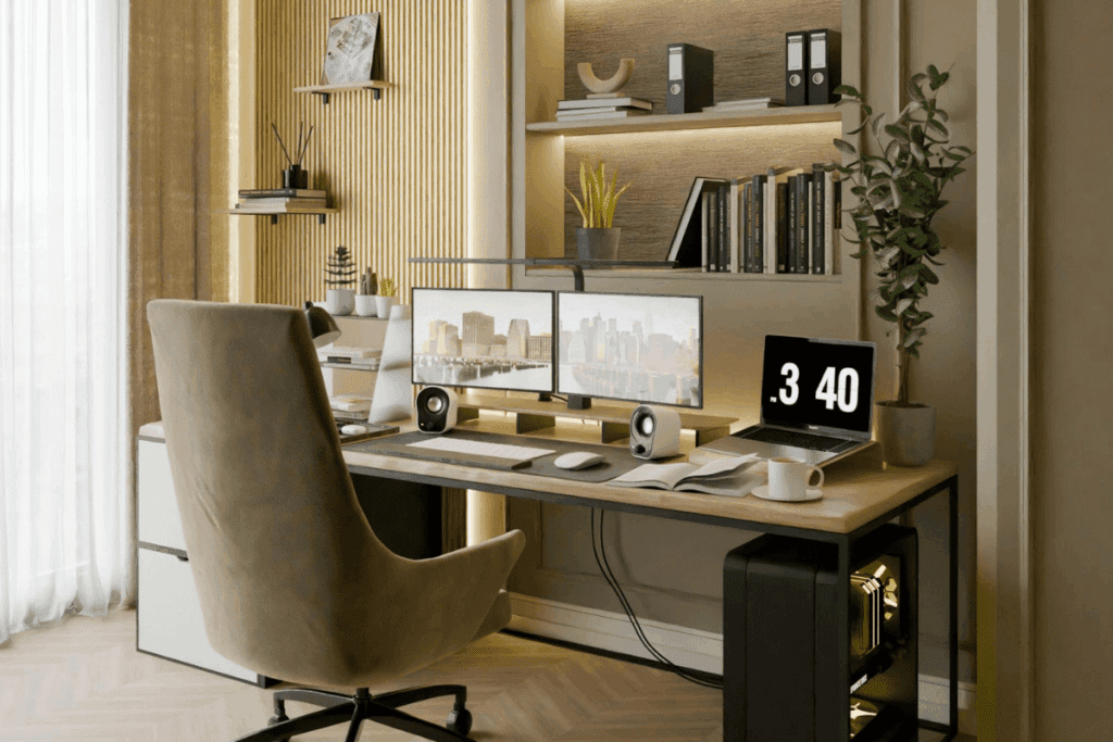 Modern home office with dual monitors, laptop, bookshelves, and an energy-saving beige chair.