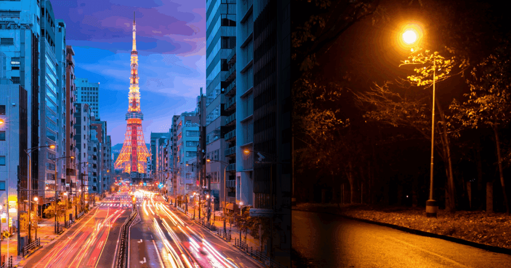 Split image: Tokyo Tower cityscape (left), energy-efficient park lighting at night (right).