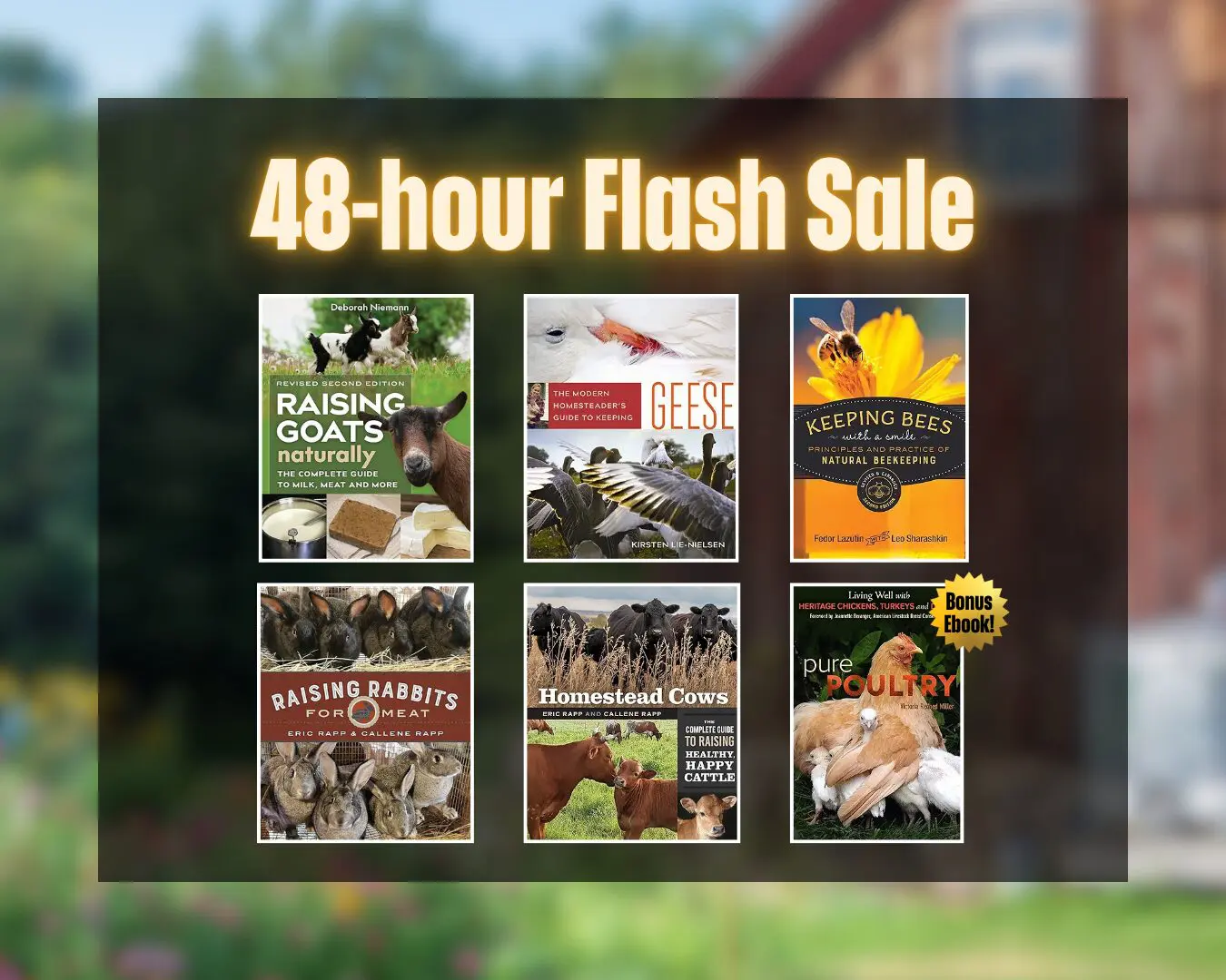 Six homesteading skills book covers with "48-hour Flash Sale" on a blurred background.