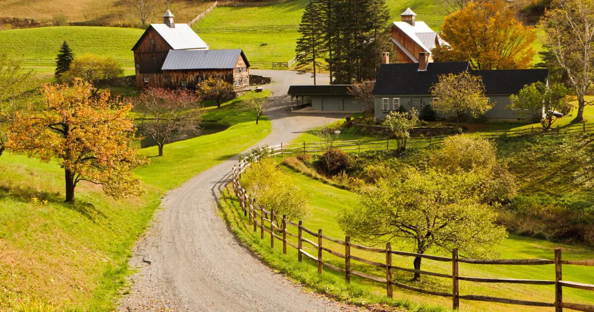 A winding gravel road leads past a hive and barns in a lush, green rural landscape.