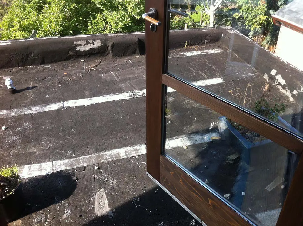 Open door to a flat, black rooftop—imagine the green roof advantages among the plants.