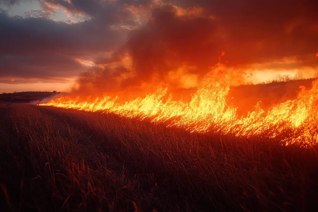 A wildfire burns through dry grassland, highlighting the need for wildfire prevention at sunset.