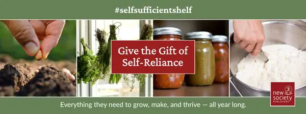Hands planting seeds, drying herbs, and canning food for your Self-Sufficient Shelf subscription.