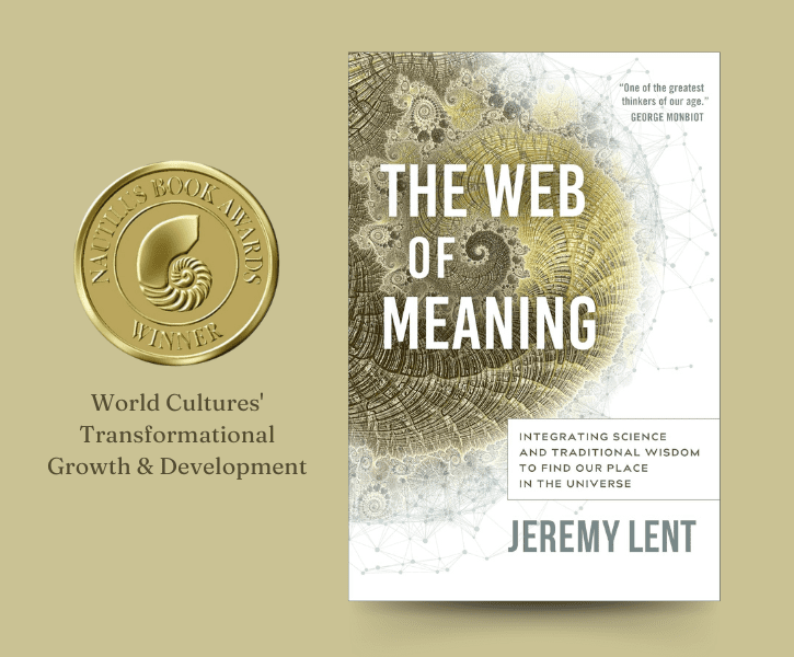 The cover of "The Web of Meaning" features a brown background decorated with the Nautilus Book Awards Gold Winner badge and the title "World Cultures' Transformational Growth & Development."