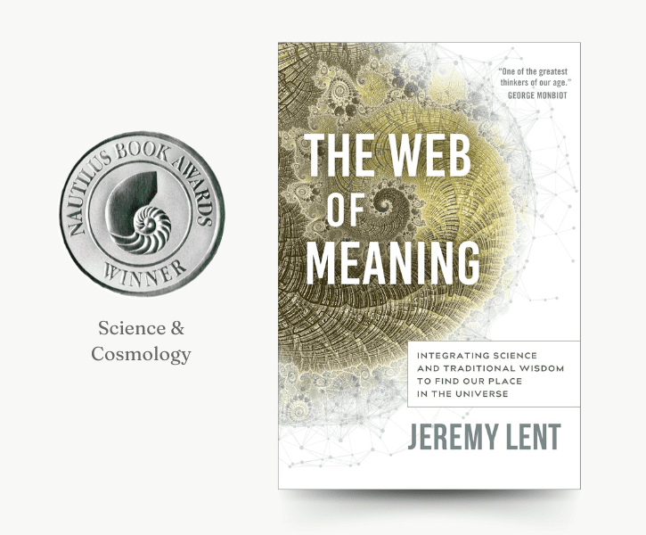 The cover of "The Web of Meaning" features a light grey background decorated with the Nautilus Book Awards Silver Winner badge and the title "Science & Cosmology."
