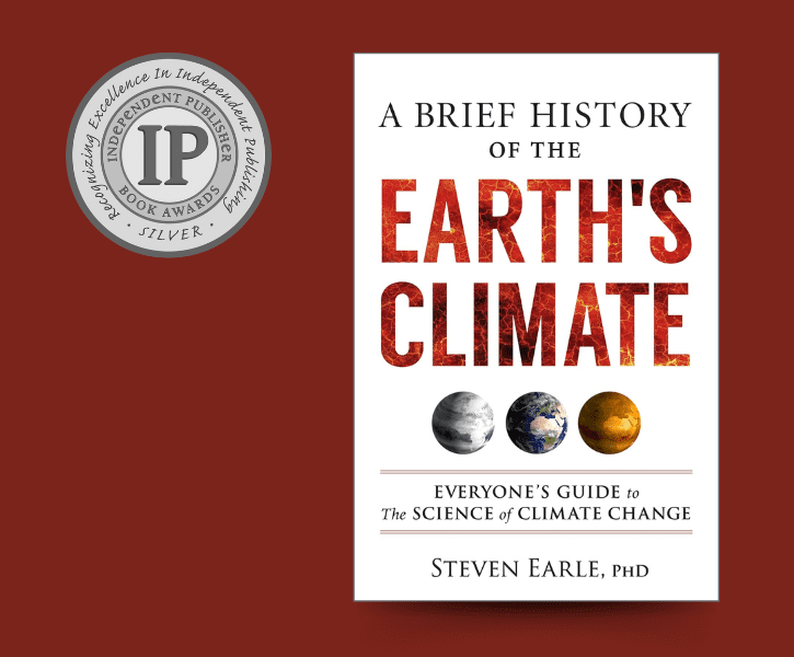 The book cover for "A Brief History of the Earth's Climate"  on a red background, featuring the IPPY Silver Award logo.