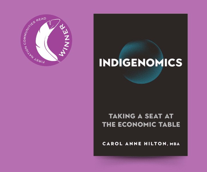 Indigenomics book cover on a purple background featuring the First Nations Communities Read Awards winner logo.