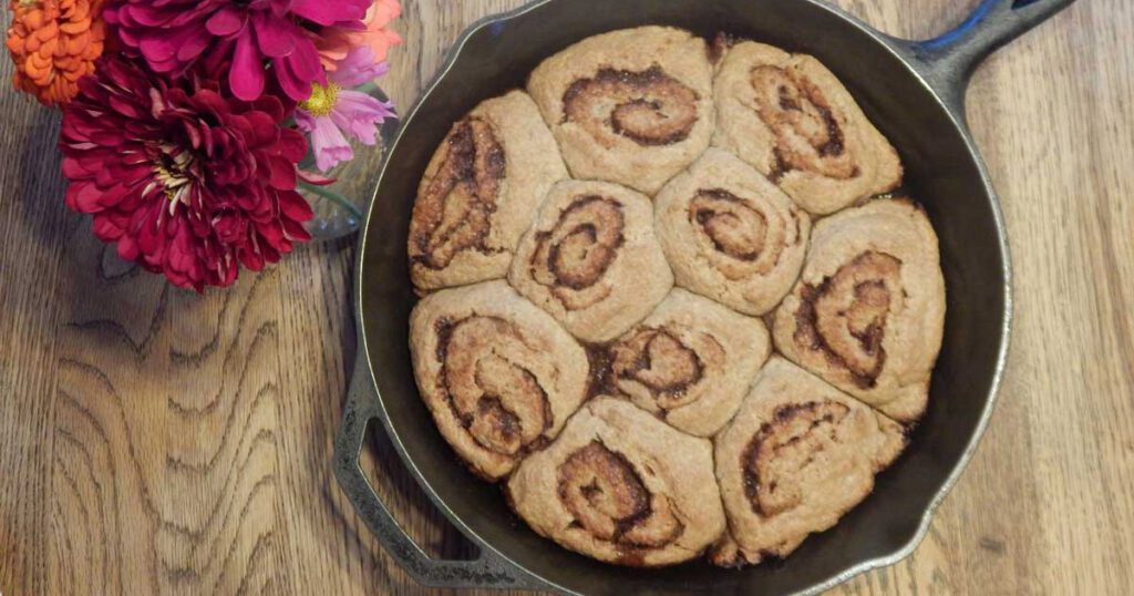 Cinnamon Buns cooked in a cast iron skillet