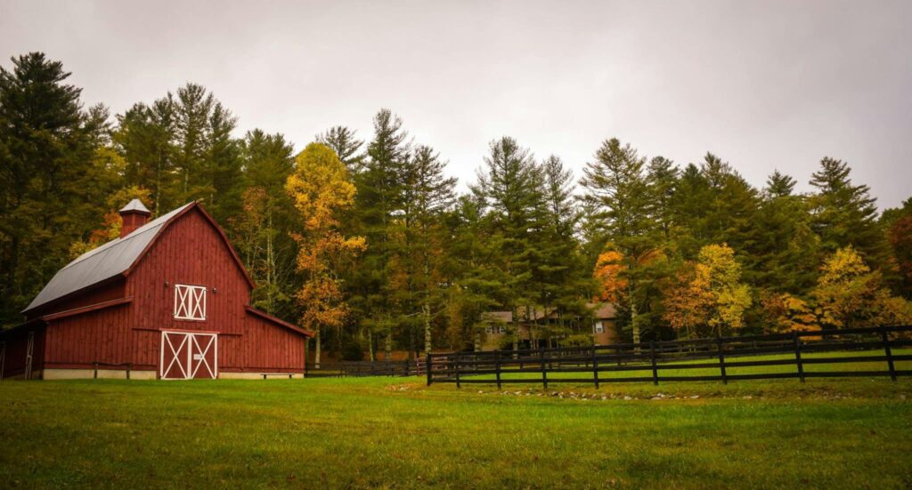 A red barn surrounded by fields in the front, and trees in the back