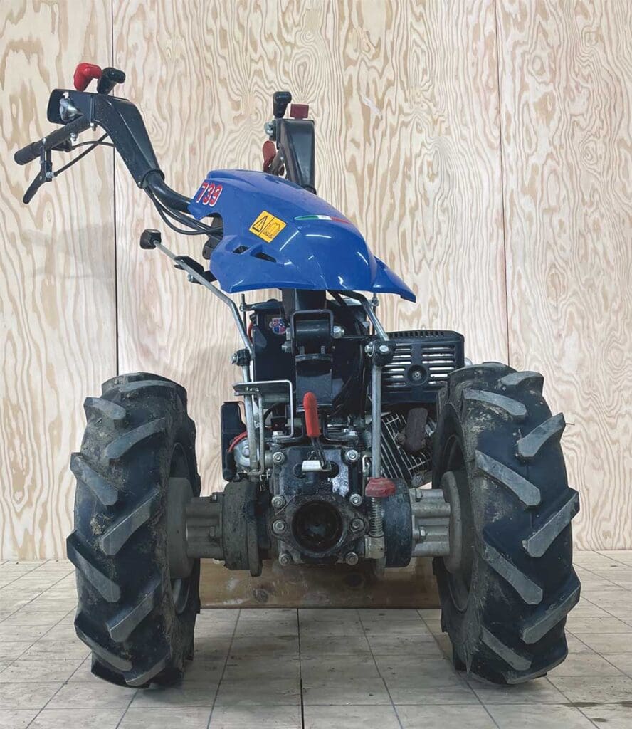 A blue two-wheel tractor.