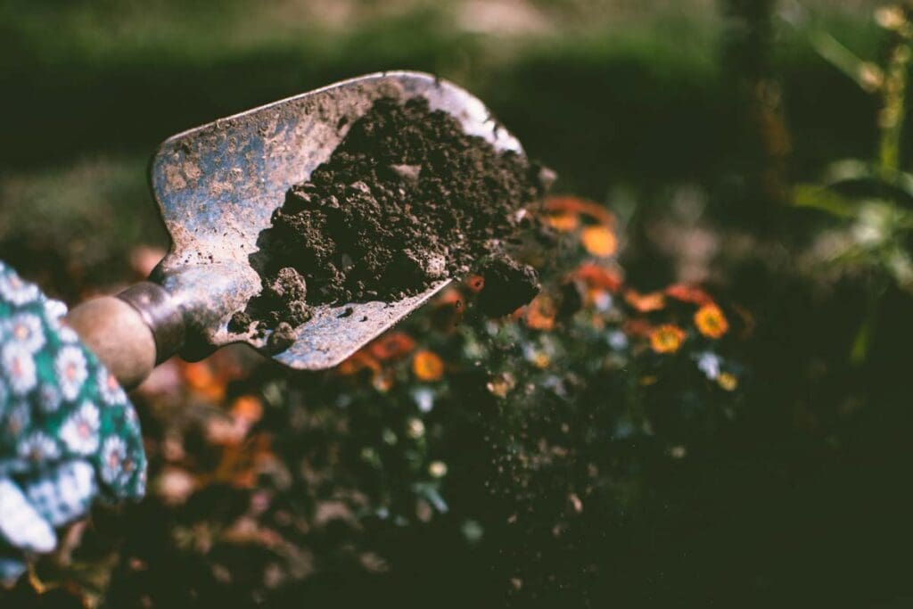 Soil falls from a small garden shovel in front of a garden of flowers.
